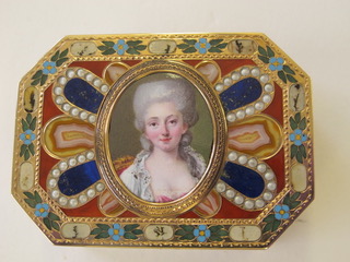 A rectangular, gold-mounted hardstone snuffbox with canted corners, the cover set with an oval, bust-length enamel miniature of a young lady. Johann Christian Neuber (1735-1808), box, probably; Nicholas Claude Vassal, miniature, probably Probably Dresden (city); Paris Ca. 1780; 1775-1780 Chased gold with agate, lapis lazuli, carnelian, bloodstone, turquoise, and imitation pearls