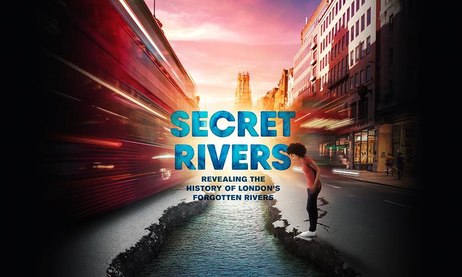 Secret Rivers - revealing the history of London's forgotten rivers. Someone looks down into a river running through the middle of a road. 