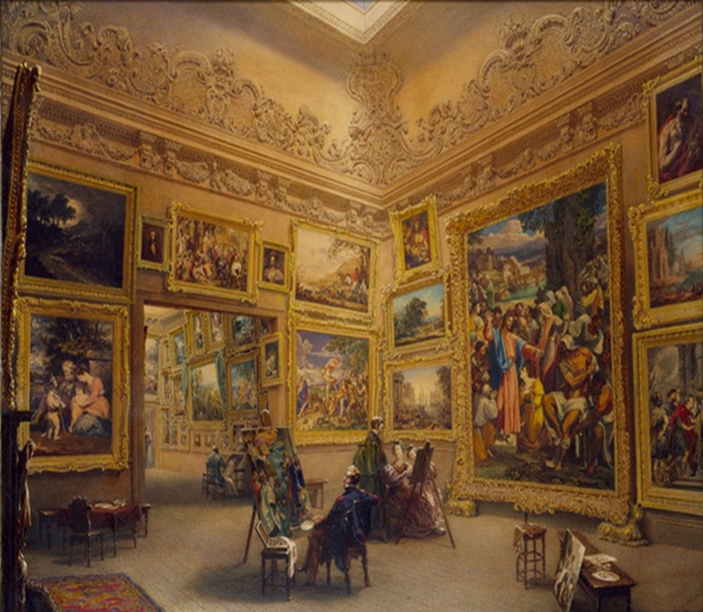 A picture gallery, probably 18th century. The walls are filled with paintings while seated viewers look on.  