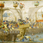 English: A Naval Battle; Antwerp, after 1464, from the Roman de Gillion de Trazegnies, fol. 21. Lieven van Lathem (1430–1493), Getty Center 