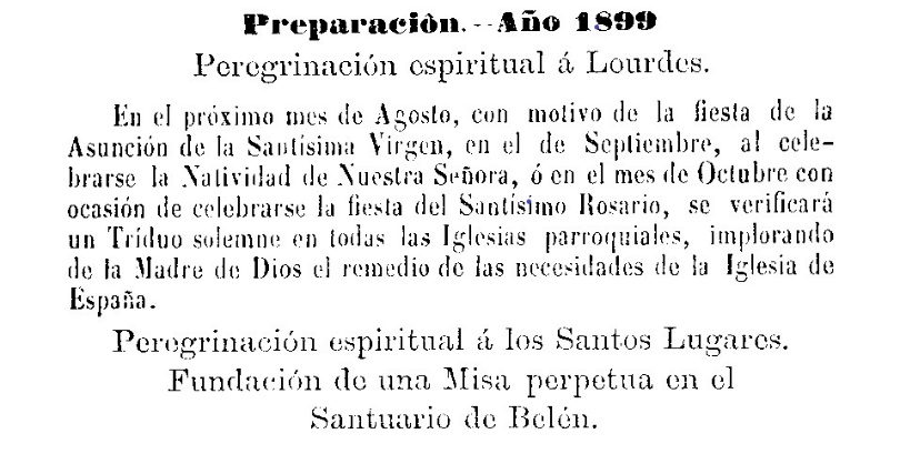 Announcement of a spiritual pilgrimages to Lourdes, France and the Holy Land from the Boletín Eclesiástico del Obispado de Mondoñedo Num. 13 (01/07/1899)