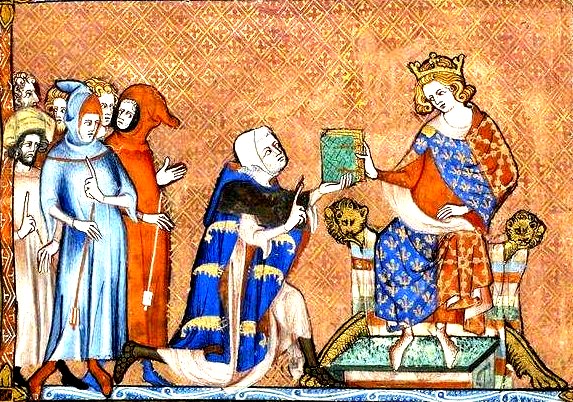 Joinville presents his writings to King Louis X. Source: BNF Fr. 13568, f. 1r.