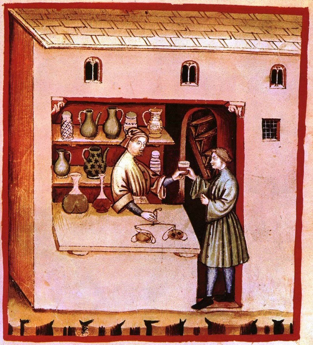 Image 2. A medieval pharmacy depicted in the Tacuinum sanitatis, an illustrated herbal based on the "Taqwīm as‑siḥḥah" of Ibn Butlan. [Source: www.wikidoc.org]