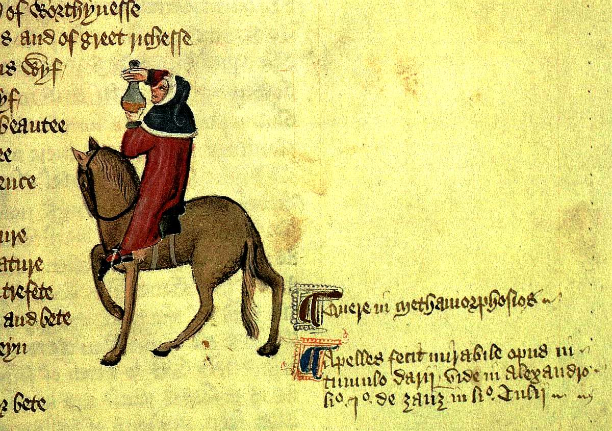 Image 1. Geoffrey Chaucer’s Physician on his way to Canterbury, from the Ellesmere Manuscript [Source: https://commons.wikimedia.org]