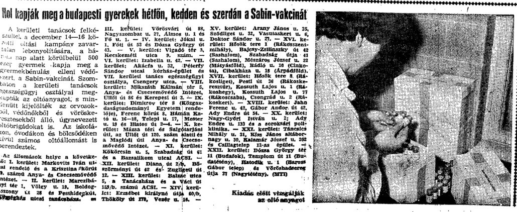 Article detailing the Sabin vaccine campaign of December, 1959. Népszava, December 12, 1959. p. 1